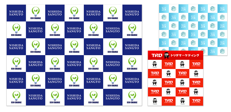記者会見向けバックパネルデザイン例：企業ロゴやキャラクター、市松柄