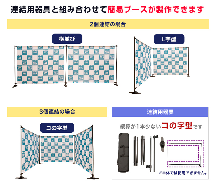 連結用器具と組み合わせて簡易ブースが製作できます