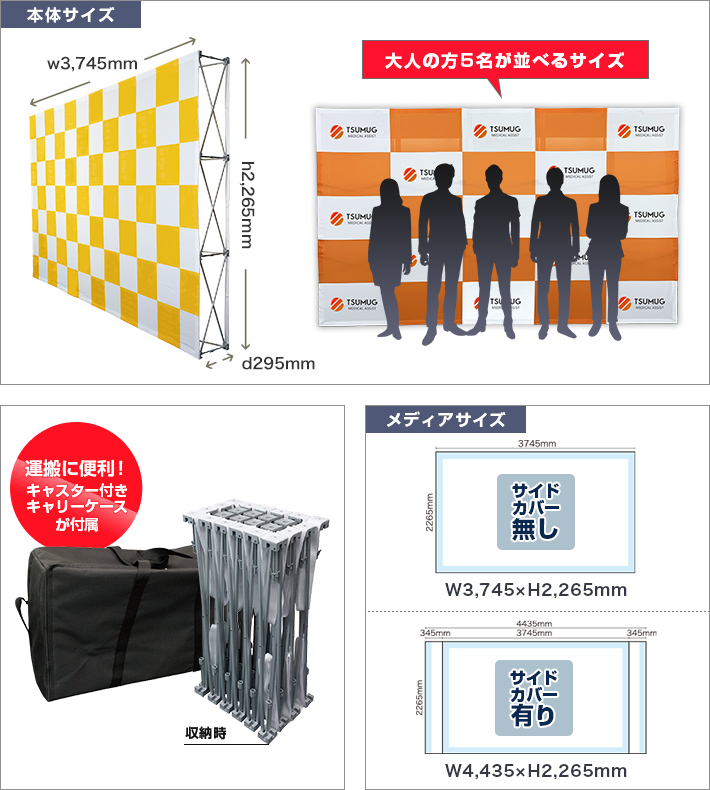 楽々バックパネル3×5 本体サイズ（大人の方5名が並べるサイズ）・メディアサイズ・キャスター付きキャリーケース付属