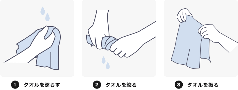 タオルを濡らす・タオルを絞る・タオルを振る
