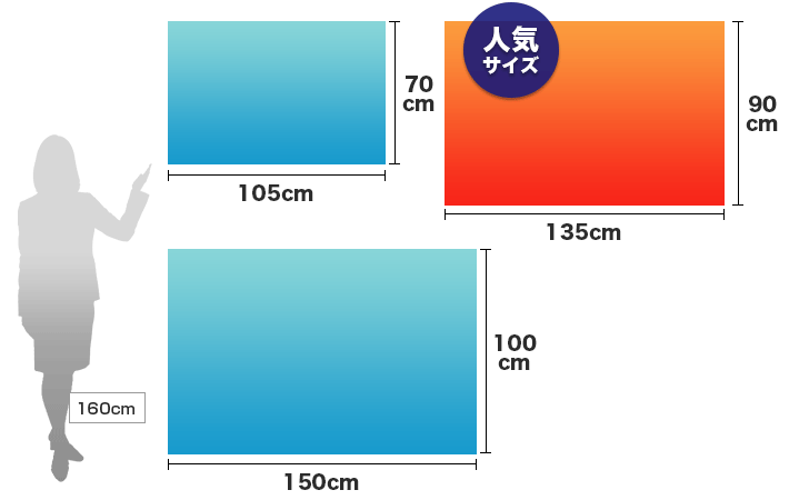 社旗・団体旗定番サイズ　1：W105cm×H70cm ２：W135×H90cm（人気サイズ） ３：W150×H100cm