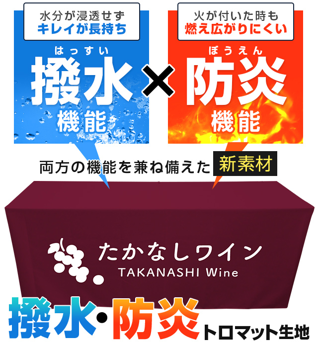 水分が浸透せずキレイが長持ち 撥水機能×火が付いた時も燃え広がりにくい防炎機能 両方の機能を兼ね備えた新素材 撥水・防炎トロマット生地