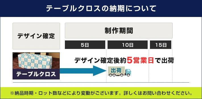 テーブルクロスの納期について:デザイン確定後約10営業日で出荷 納品時期・ロット数などにより変動がございます。