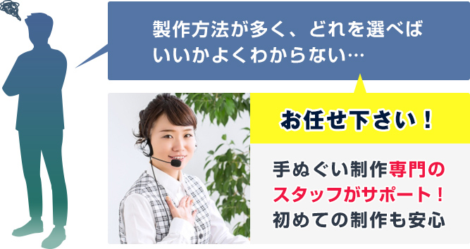 製作方法が多く、どれを選べばいいかよくわからない……　当店にお任せ下さい！手ぬぐい制作専門のスタッフがサポート！初めての制作も安心