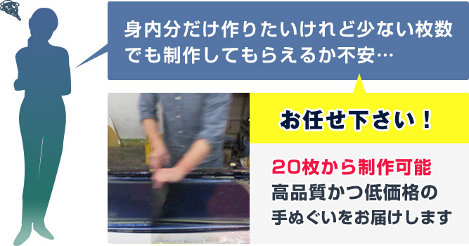 身内分だけ作りたいけれど少ない枚数でも制作してもらえるか不安…　20枚から制作可能高品質かつ低価格の手ぬぐいをお届けします