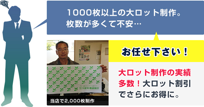 1000枚以上の大ロット制作。枚数が多くて不安……　当店にお任せ下さい！大ロット制作の実績多数！大ロット割引でさらにお得に。