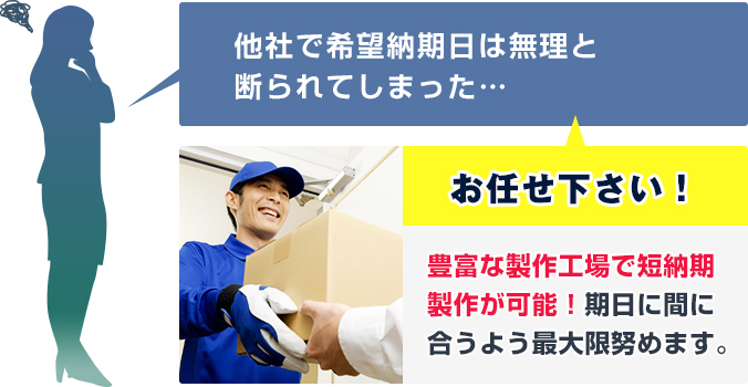 他社で希望納期日は無理と断られてしまった…　当店にお任せ下さい！豊富な製作工場で短納期製作が可能！期日に間に合うよう最大限努めます。