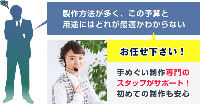 製作方法が多く、この予算と用途にはどれが最適かわからない　当店にお任せ下さい！手ぬぐい制作専門のスタッフがサポート！初めての制作も安心