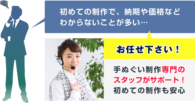 初めての制作で、納期や価格などわからないことが多い…　当店にお任せ下さい！手ぬぐい制作専門のスタッフがサポート！初めての制作も安心